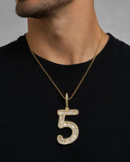 Male model wearing 14k Number 5 Diamond Baguette Pendant