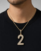 Male model wearing 14k Number 2 Diamond Baguette Pendant