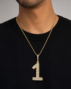 Male model wearing 14k Number 1 Diamond Baguette Pendant