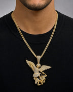 Male model wearing 14K Saint Michael Diamond Pendant