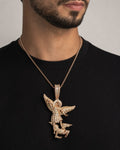 Male model wearing 14K Saint Michael Rose Diamond Baguette Pendant