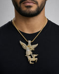 Male model wearing 14K Saint Michael Diamond Baguette Pendant