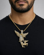 Male model wearing 14K Saint Michael Diamond Baguette Pendant