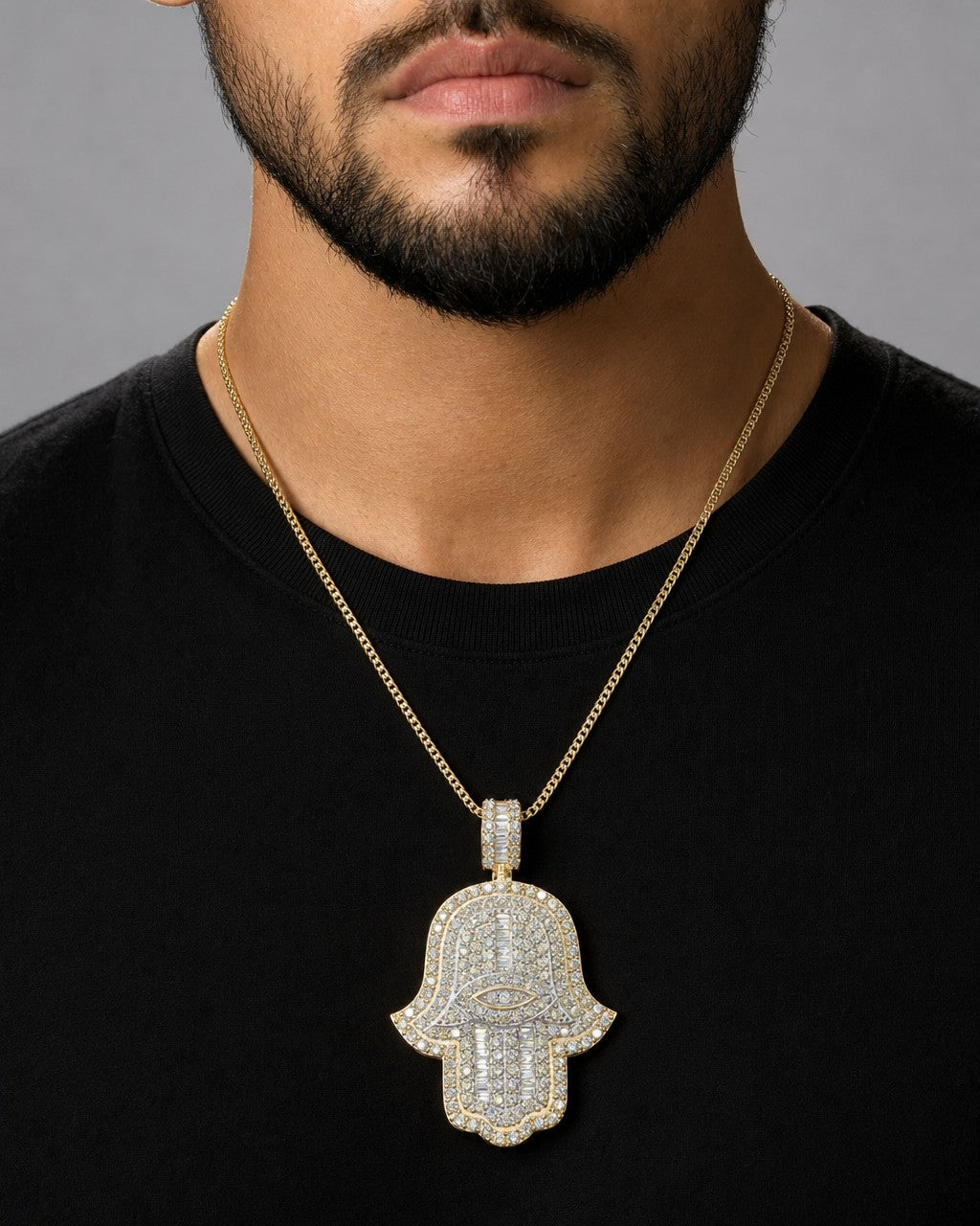 Male model wearing 14K Hamsa Diamond Pendant