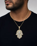 Male model wearing 14K Hamsa Diamond Pendant