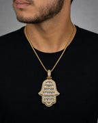 Male model wearing 14K Hamsa Diamond Baguette Pendant