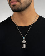 Male model wearing 14K Small Hamsa Diamond Pendant