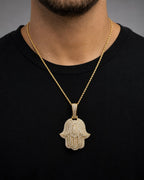 Male model wearing 14K Hamsa Diamond Pendant