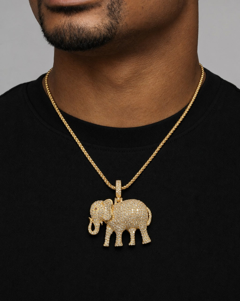 Male model wearing 14K Elephant Diamond Pendant