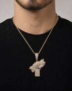 Male model wearing 14K Money Hand Diamond Pendant