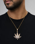 Male model wearing 14k Weed Cannabis Ganja Diamond Pendant