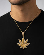Male model wearing 14k Weed Cannabis Leaf Diamond Pendant