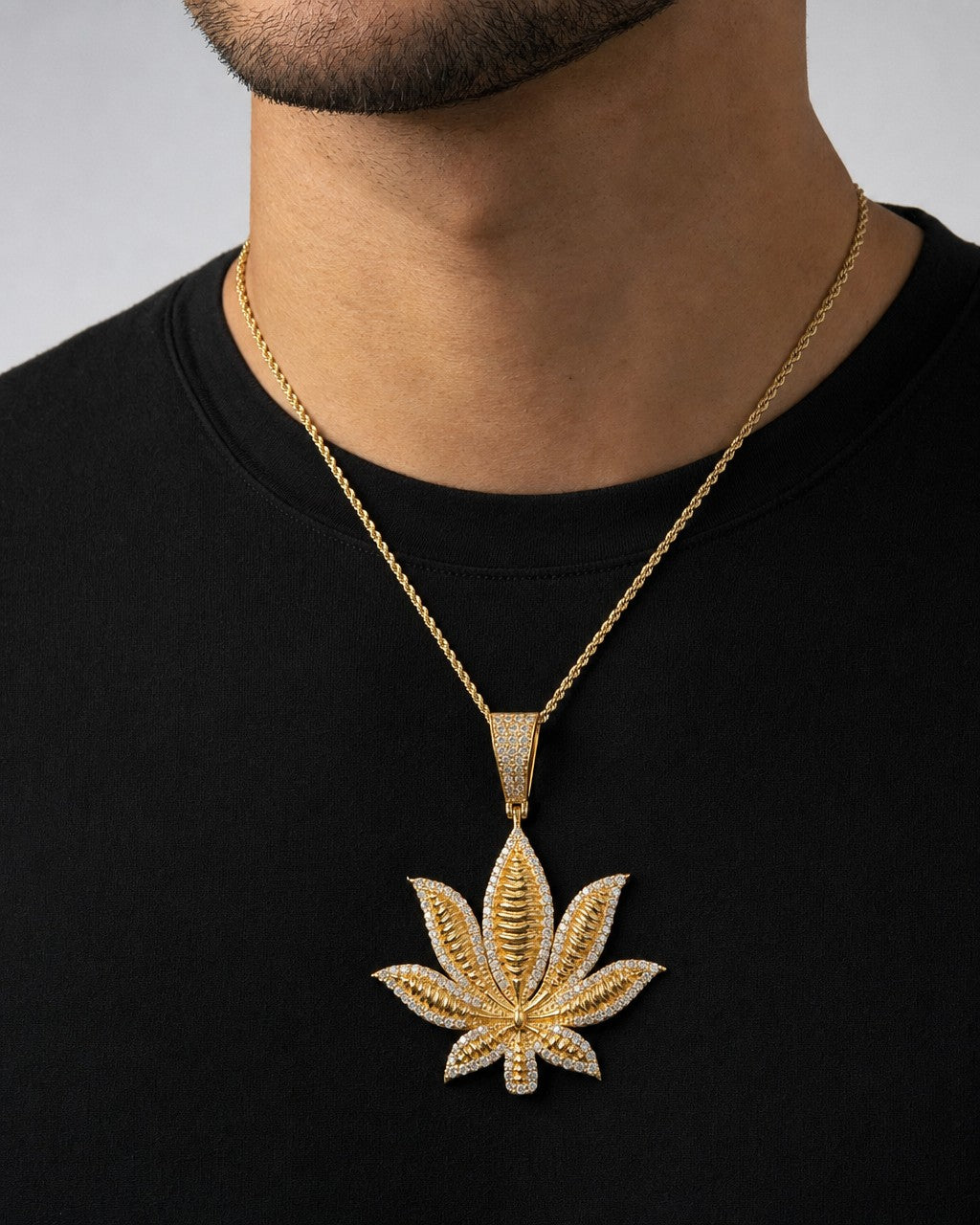 Male model wearing 14k Weed Cannabis Leaf Diamond Pendant