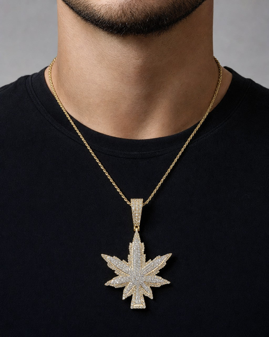 Male model wearing 14k Weed Pendant 3.7ct