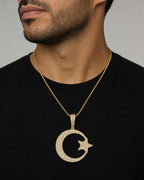 Male model wearing 14K Star Moon Diamond Pendant