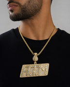 Male model wearing 14K ATM Money Diamond Pendant