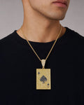 Male model wearing 14k Ace of Spades Playing Card Pendant
