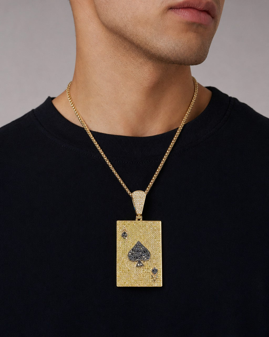 Male model wearing 14k Ace of Spades Playing Card Pendant