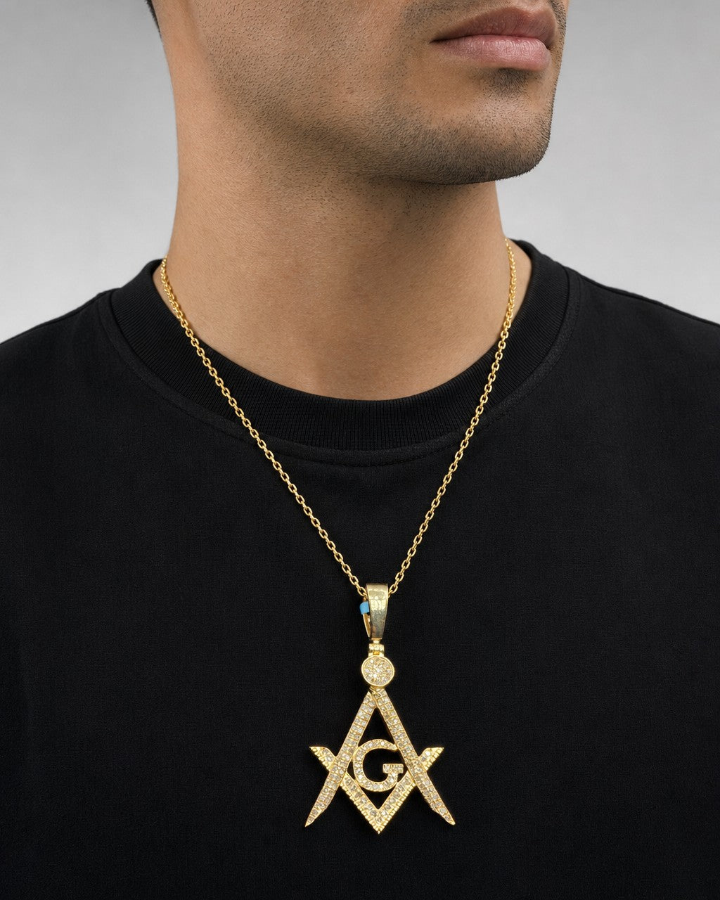 Male model wearing 14K Fremason Masonic Diamond Pendant