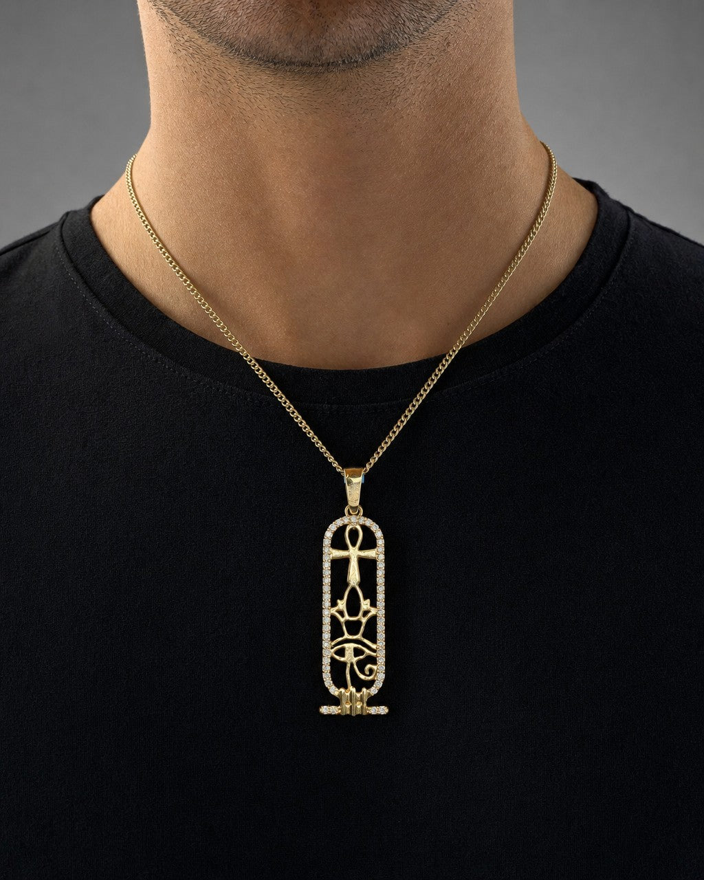 Male model wearing 14K Cathedral Diamond Pendant