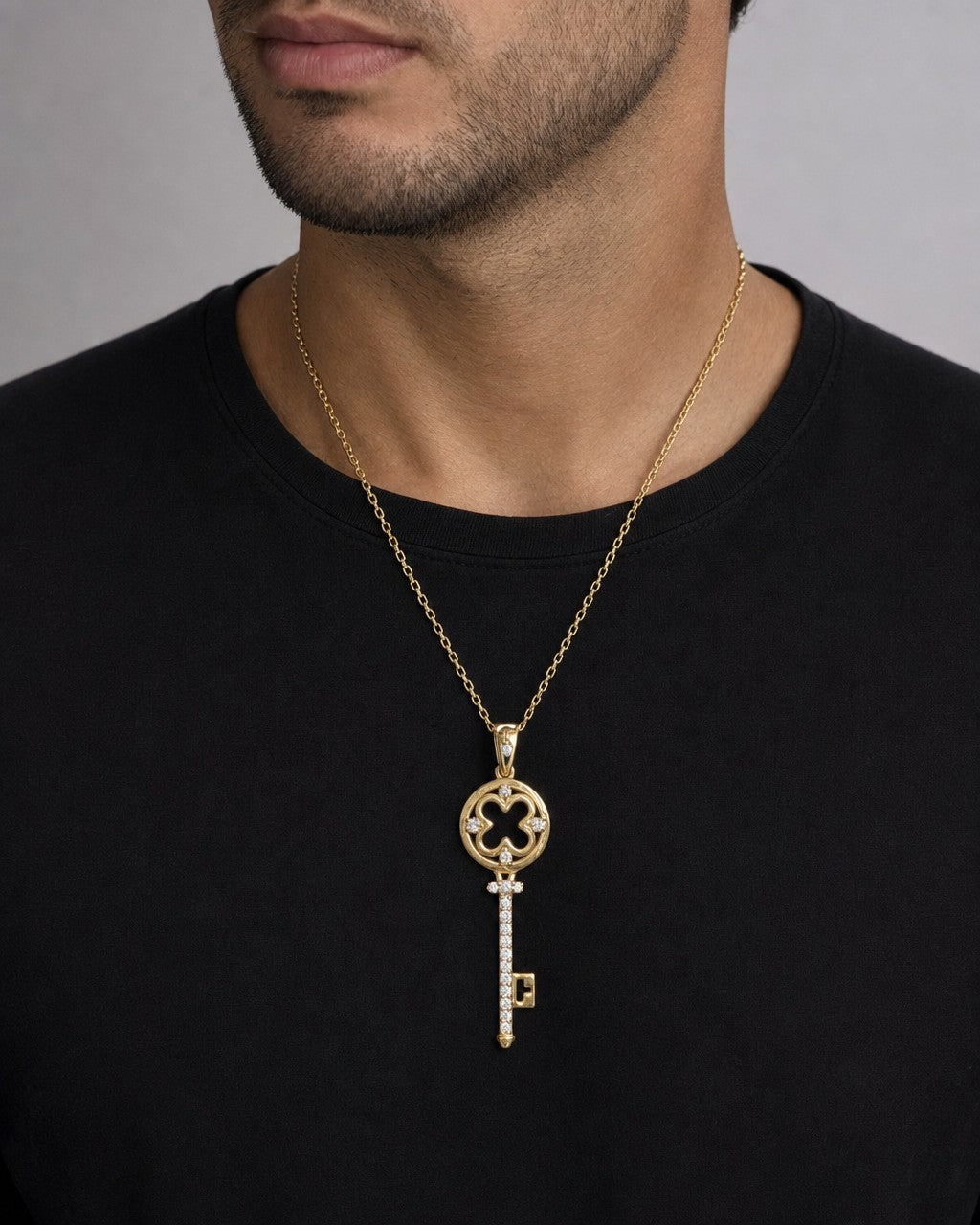 Male model wearing 14K Key Diamond Pendant