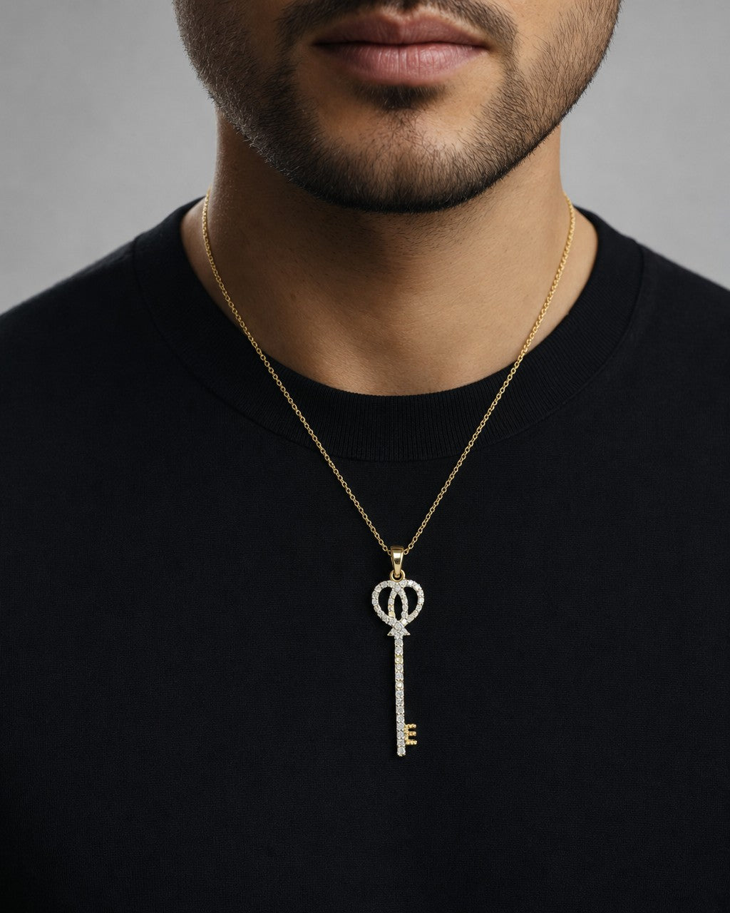 Male model wearing 14K Key Diamond Pendant