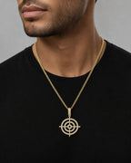 Male model wearing 14K Darts Target Pendant