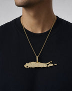 Male model wearing 14K Long Island Diamond Pendant