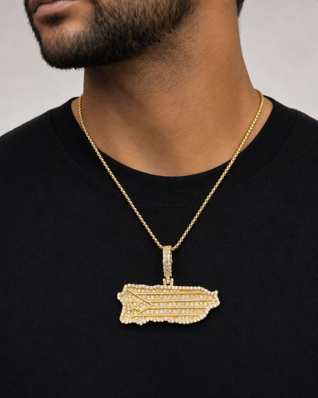 Male model wearing 14K Puerto Rico Diamond Pendant