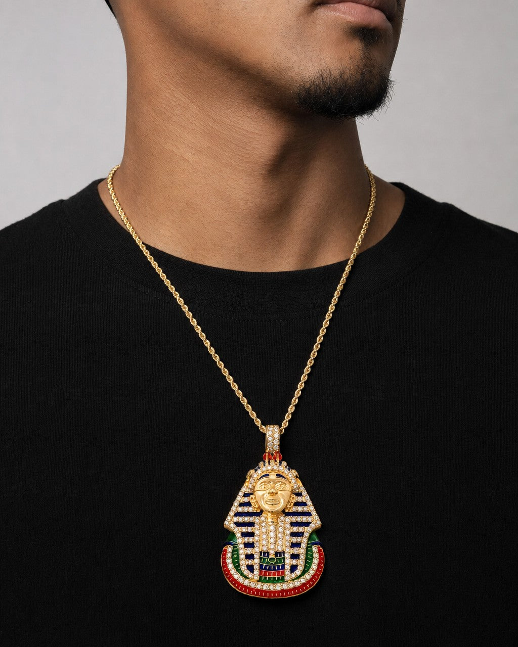 Male model wearing 14K Pharaoh Diamond Pendant 4.9ct