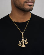 Male model wearing 14K Libra Scale of Justice Diamond Pendant