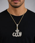 Male model wearing 14K Allah Baguette Pendant