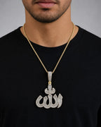 Male model wearing 14K Allah Baguette Pendant