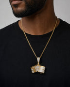 Male model wearing 14K Bundles of Cash Diamond Pendant