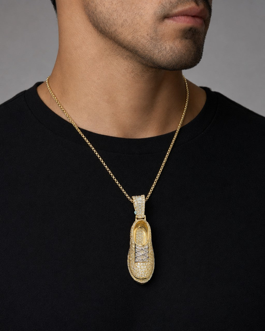 Male model wearing 14K Shoe Diamond Pendant