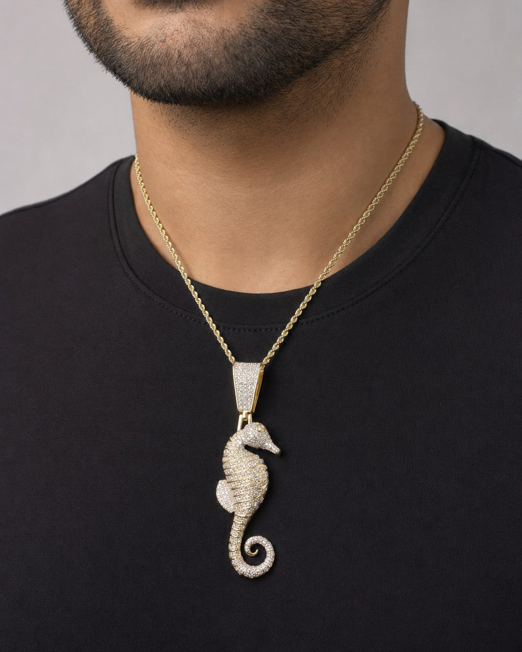 Male model wearing 14K Seahorse Diamond Pendant