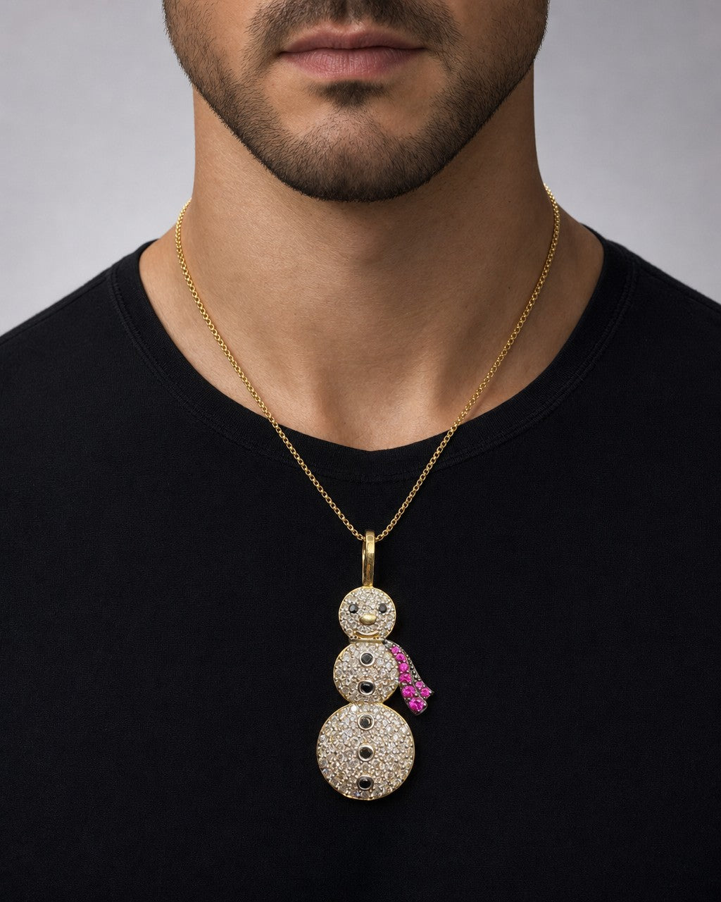 Male model wearing 14K Snowman Diamond Pendant
