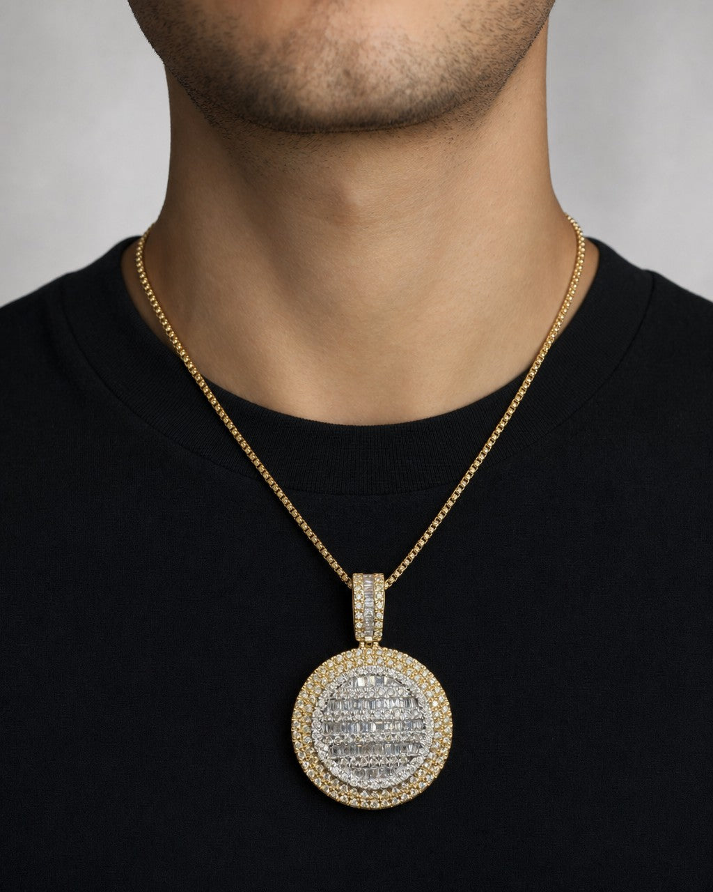 Male model wearing 14K Circle Diamond Baguette Pendant