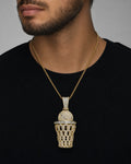 Male model wearing 14k Basketball Swish Baguette Pendant