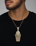 Male model wearing 14k Basketball Swish Baguette Pendant