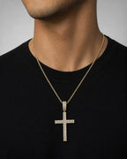 Male model wearing 14K Traditional Cross Diamond Pendant