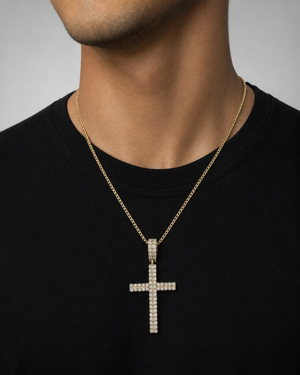 Male model wearing 14K Traditional Cross Diamond Pendant