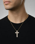 Male model wearing 14k Crystal Cross Baguette Pendant