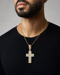 Male model wearing 14K Cross Diamond Baguette Pendant
