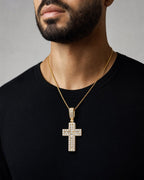 Male model wearing 14K Cross Diamond Baguette Pendant