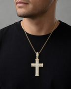 Male model wearing 14K Old Latin Cross Diamond Pendant
