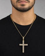 Male model wearing 14K Latin Cross Diamond Baguette Pendant