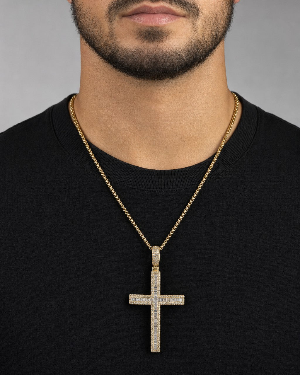 Male model wearing 14K Latin Cross Diamond Baguette Pendant