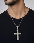 Male model wearing 14K Latin Cross Diamond Baguette Pendant