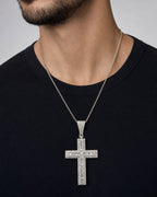 Male model wearing 14K Latin Cross Diamond Baguette Pendant